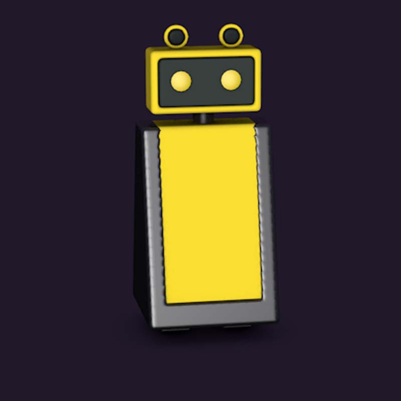 A traiangular-shaped bodied yellow robot sitting on a purple background