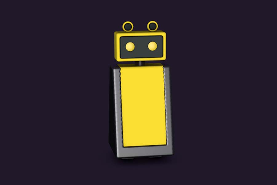 Yellow wet floor bot on purple background