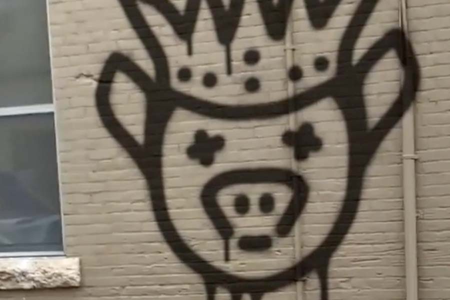 flat wall with large graffitied pig waering a crown and 'x'-shaped eyes